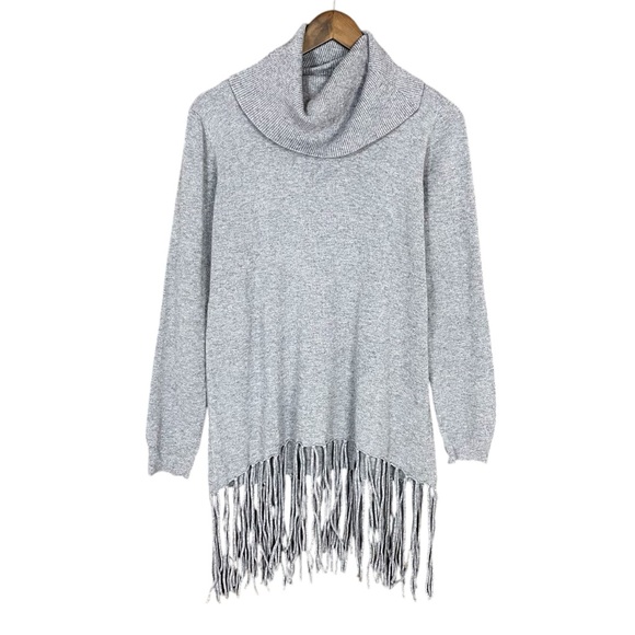 Oliver by Escio | Heather Gray Cowl Neck Tunic Sweater Ribbed Knit Fringe Bottom - Picture 5 of 7